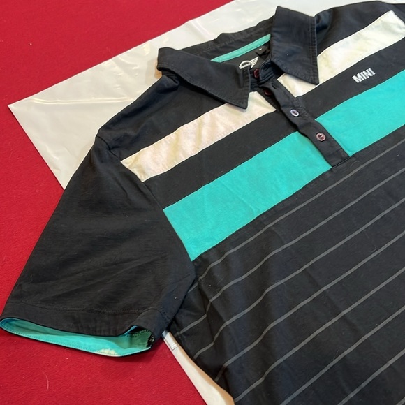 Mini Cooper BLACK Polo Shirt GRAY STRIPES Aqua white wide stripes COTTON mens Lg - Picture 3 of 12
